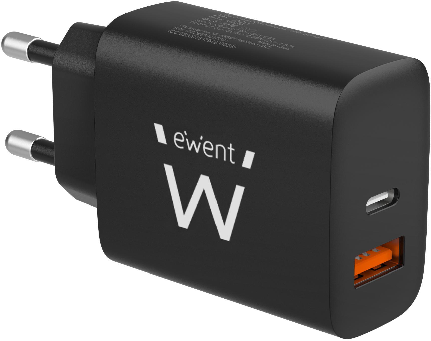 Ewent - Cargador Ewent EW1319 USB-C/USB-A Fast Charger 20W Negro