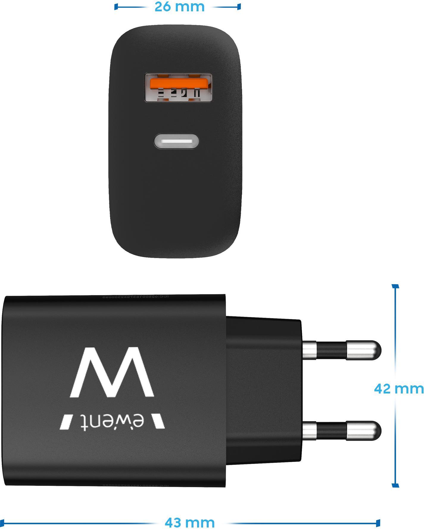 Ewent - Cargador Ewent EW1319 USB-C/USB-A Fast Charger 20W Negro