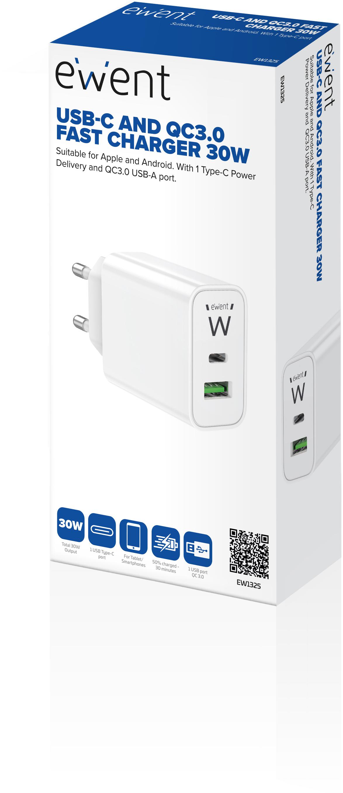 Ewent - Cargador Ewent USB-C/USB-A 30W QC 3.0 Blanco
