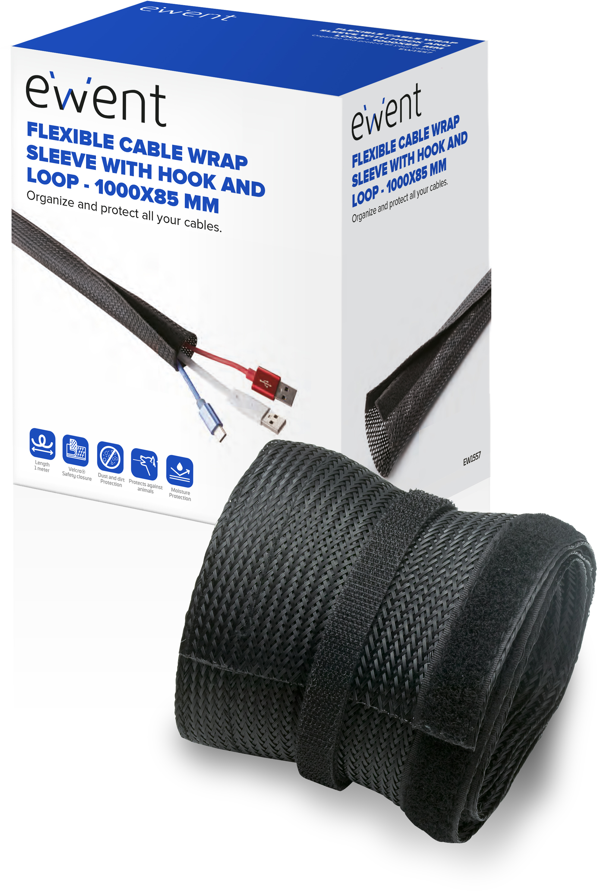 Ewent - Manga Flexible Ewent EW1557 p/ Organizar Cables com Fecho 1000x85mm Preta