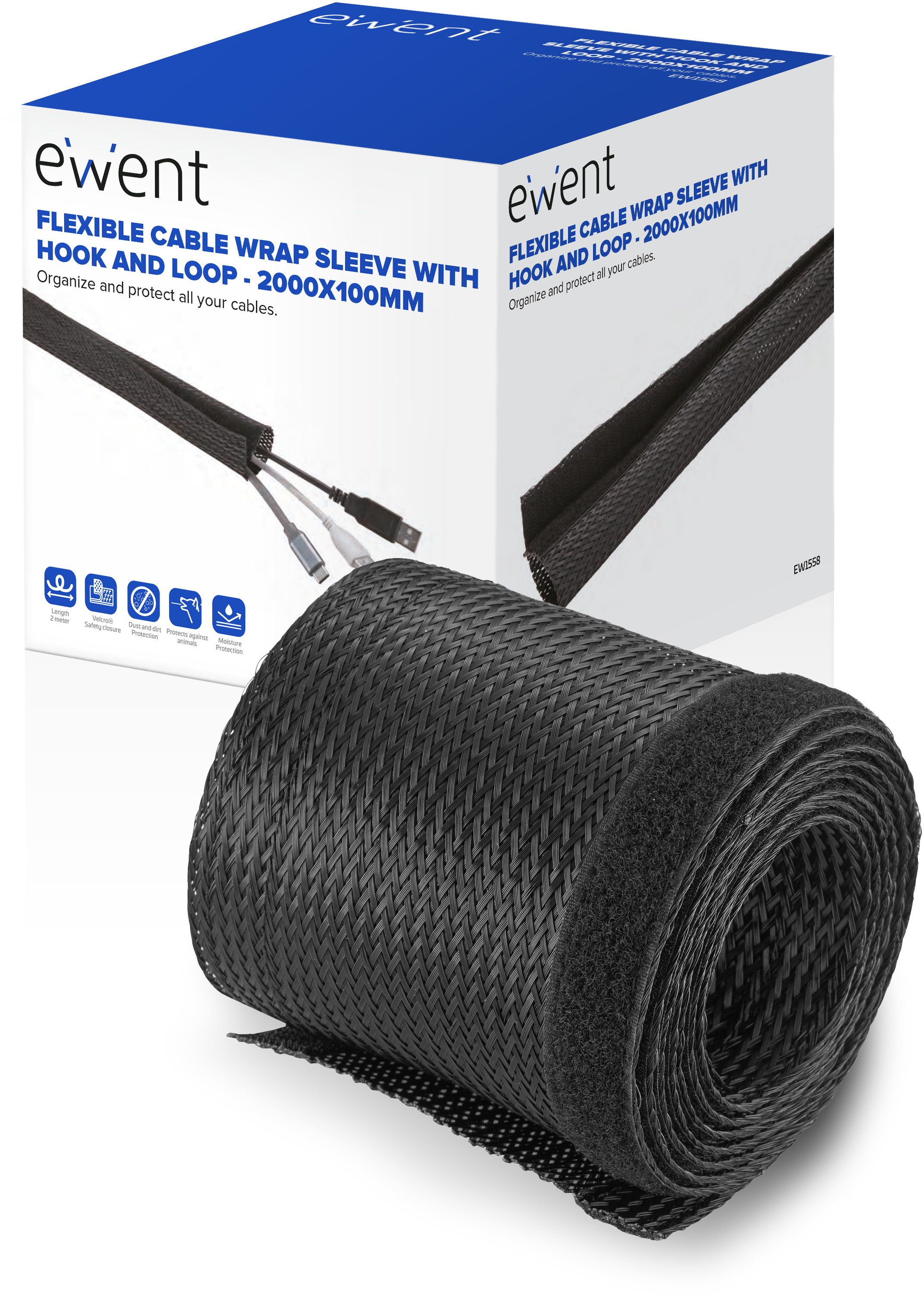Ewent - Manga Flexible Ewent EW1558 p/ Organizar Cables com Fecho 2000x100mm Preta