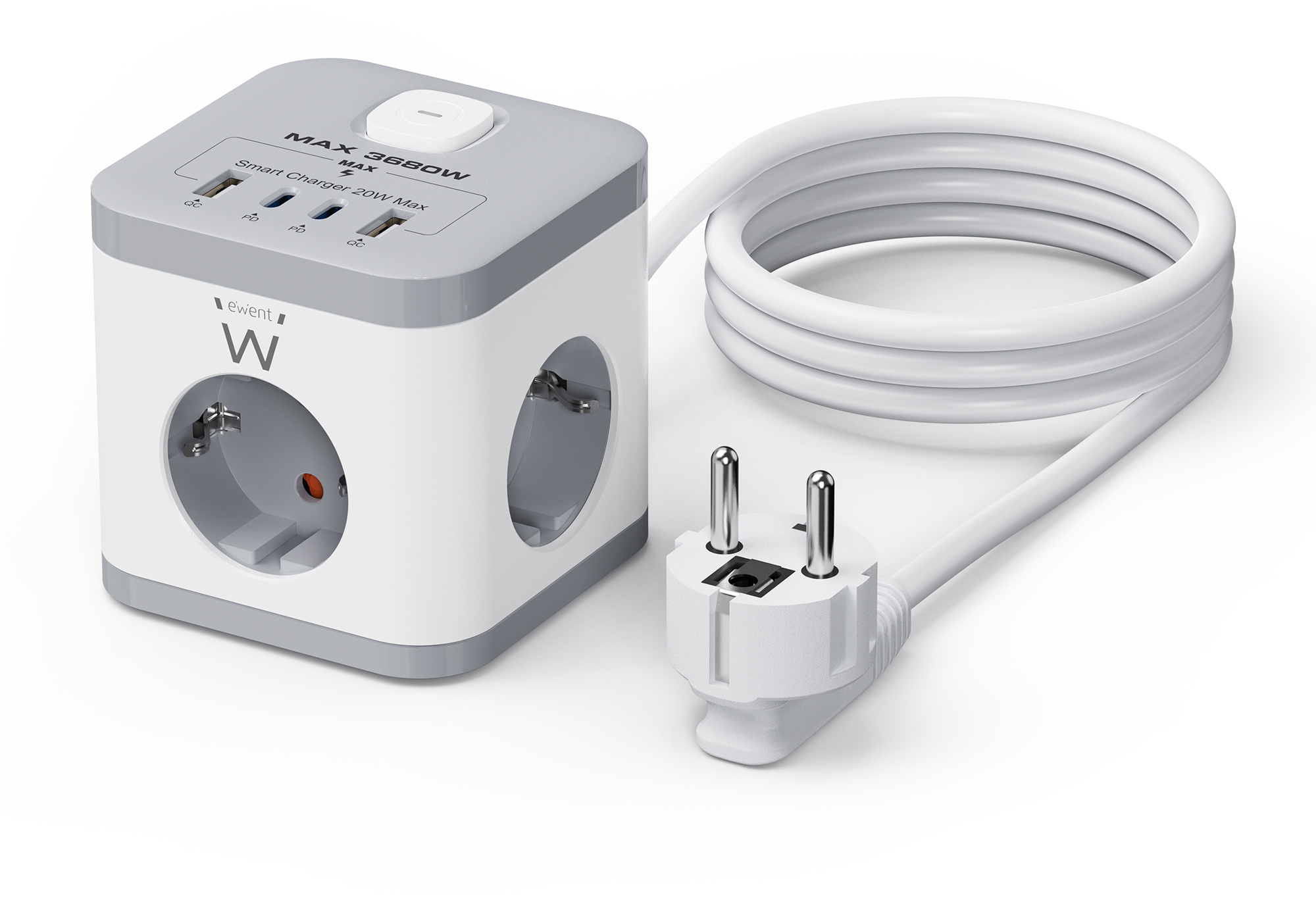 Ewent - Bloco Tomada Ewent EW3863 Power Tower 3 Tomadas Schuko 16A + 2 USB-A + 2 USB-C 2m Branca/Gris