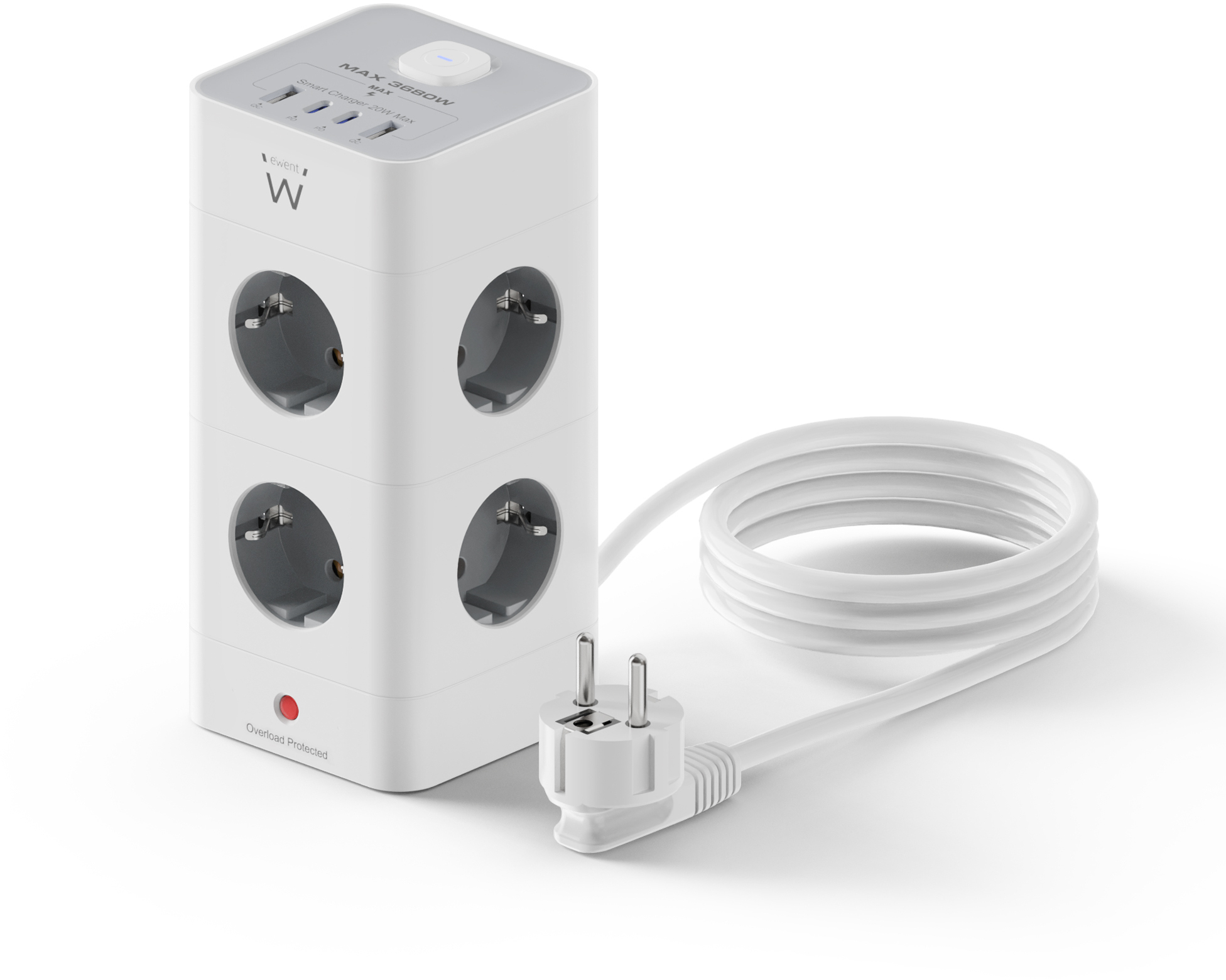 Picture of Picture of Bloco Tomada Ewent EW3864 Power Tower 8 Tomadas Schuko 16A + 2 USB-A + 2 USB-C 2m Branca/Gris