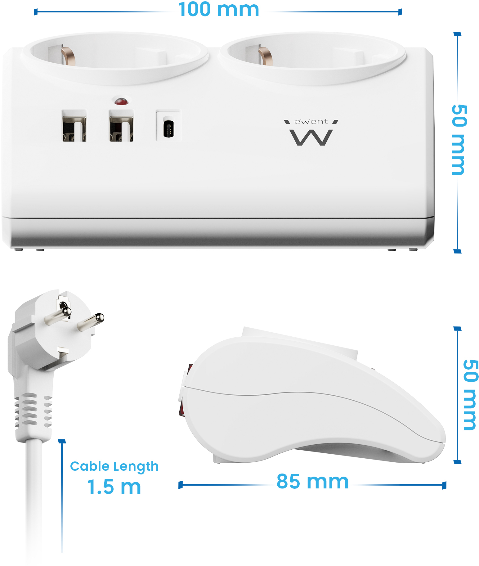 Picture of Picture of Tomada Ewent EW3870 Desktop Power Strip 2 Tomadas Schuko 16A + 2 USB-A + 1USB-C 1.5m Branca