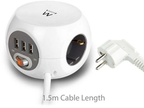 Ewent - Regleta Cúbica Ewent 3 Tomas + 3 Portas USB 2.4A c/ Cable 1.5 M Blanco
