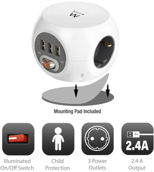 Picture of Picture of Regleta Cúbica Ewent 3 Tomas + 3 Portas USB 2.4A c/ Cable 1.5 M Blanco