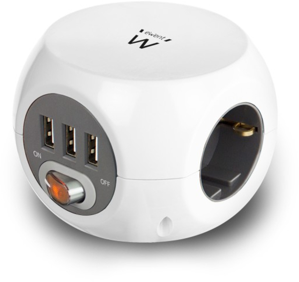 Ewent - Regleta Cúbica Ewent 3 Tomas + 3 Portas USB 2.4A c/ Cable 1.5 M Blanco