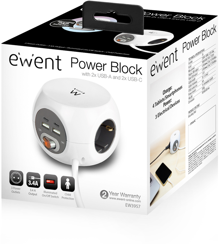 Ewent - Regleta Cúbica Ewent 3 Tomas c/Shuko + 2 USB-A + 2 USB-C 3.4A 1.5 M Blanco