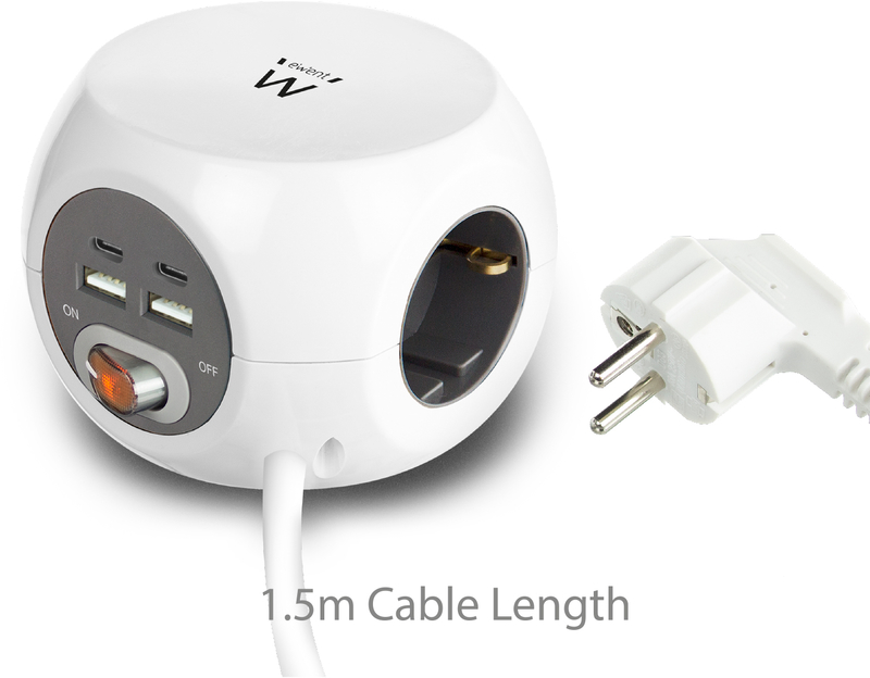 Ewent - Regleta Cúbica Ewent 3 Tomas c/Shuko + 2 USB-A + 2 USB-C 3.4A 1.5 M Blanco