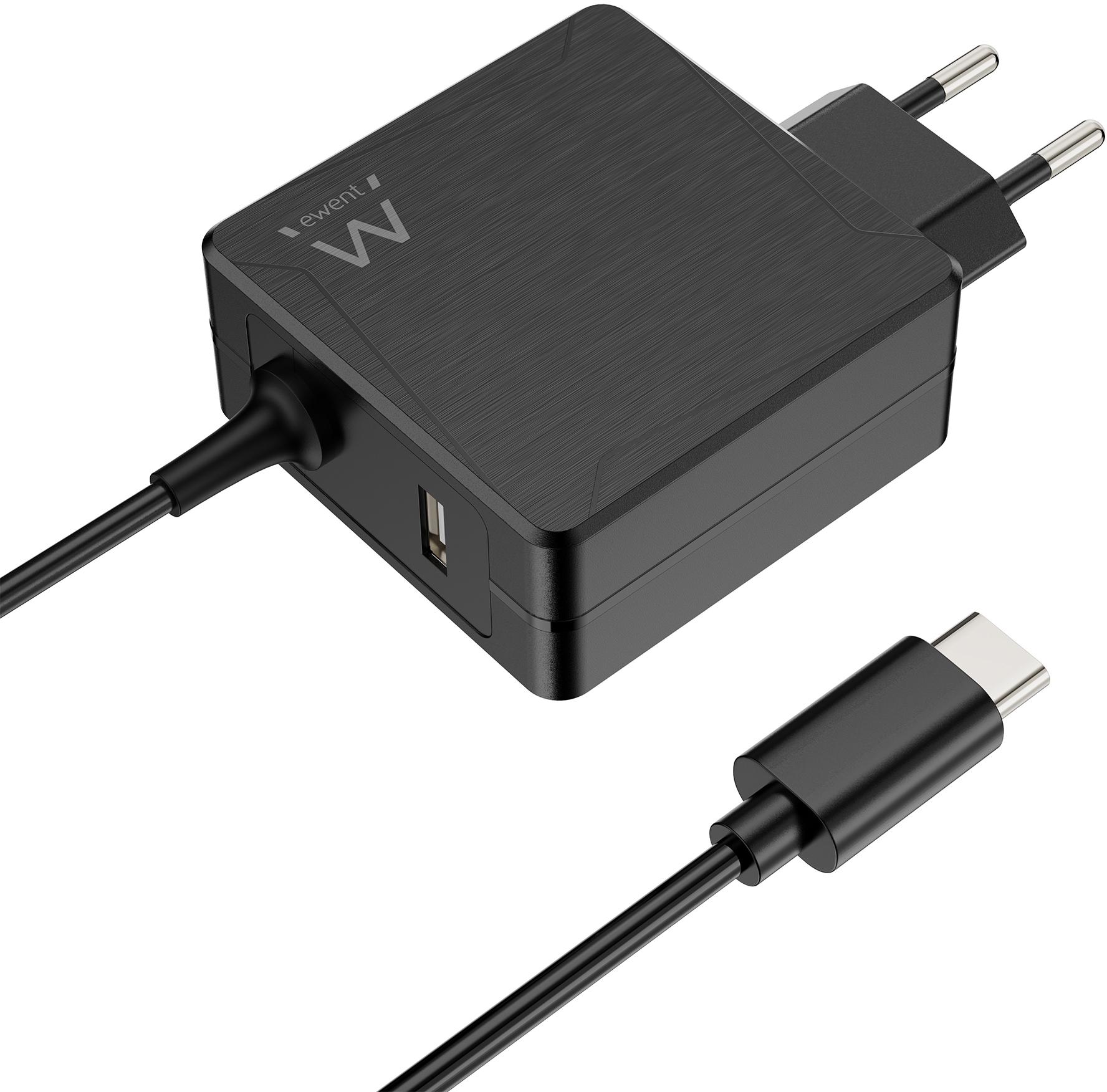 Ewent - Cargador de Portátil Ewent USB-C + 1-Puerta USB-A PD 65W Negro