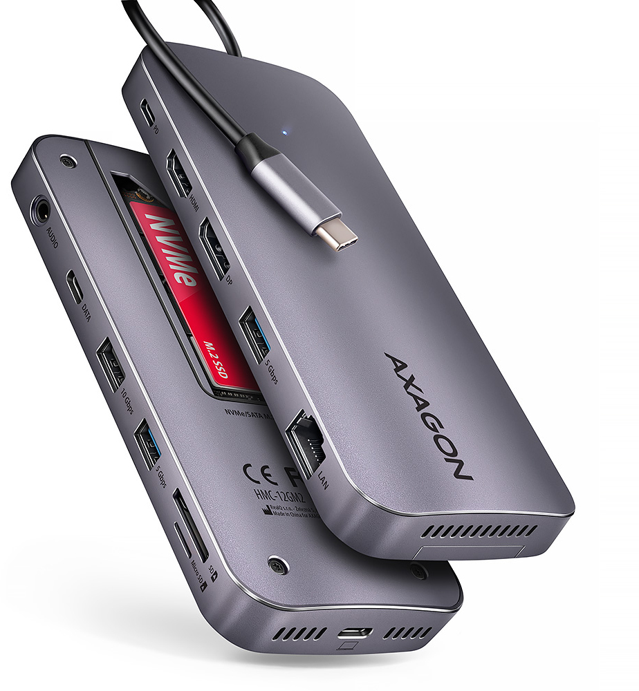 AXAGON - Multiport-Hub AXAGON HMC-12GM2 USB-C 3.2 Gen 2 hub w. M.2 SATA/NVMe + HDMI + DP + 3x USB-A + USB-C + RJ-45 + SD/mSD + audio + PD 100W