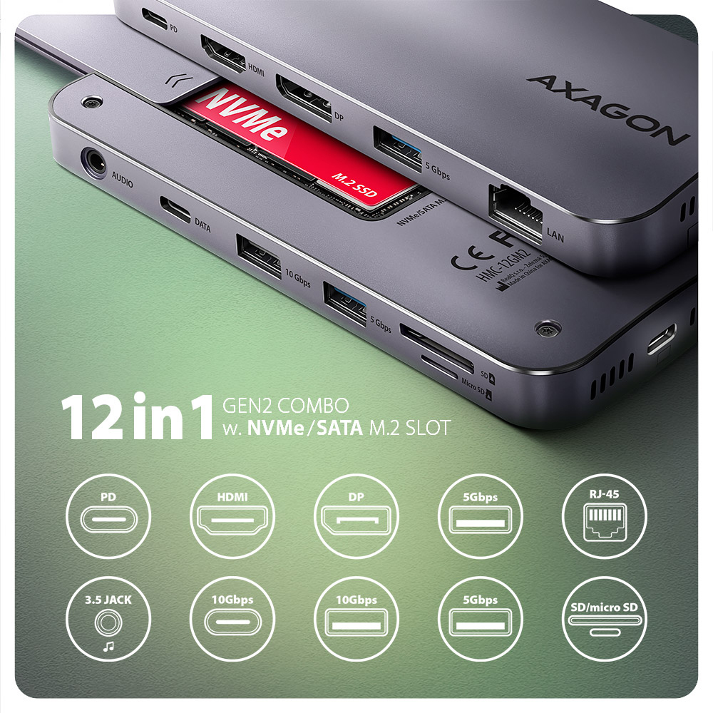Picture of Picture of Multiport-Hub AXAGON HMC-12GM2 USB-C 3.2 Gen 2 hub w. M.2 SATA/NVMe + HDMI + DP + 3x USB-A + USB-C + RJ-45 + SD/mSD + audio + PD 100W