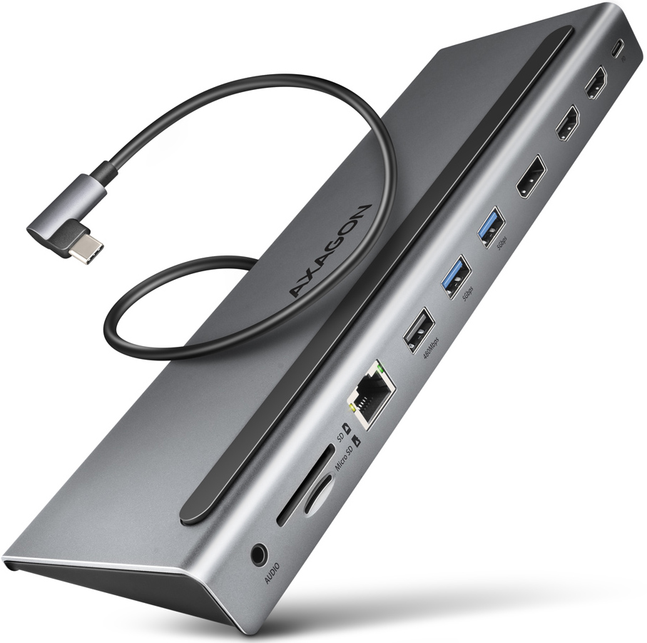Picture of Picture of Multiport-Hub AXAGON HMC-4KX3 USB 3.2 Gen 1 hub, DP + 2x HDMI + GLAN, PD, 3x USB-A ports, Memory Card Reader e Audio Output