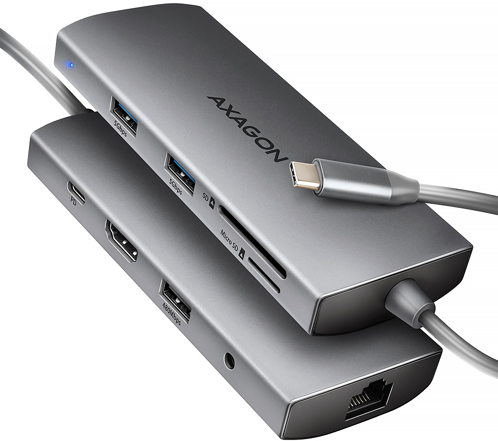Picture of Picture of HUB USB-C AXAGON HMC-8HLSA USB-C 3.2 Gen 1 hub, 3x USB-A + 4K/30Hz HDMI + SD/microSD, GLAN, Audio, PD 100W