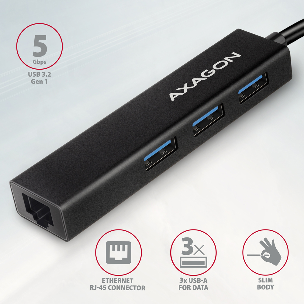 Picture of Picture of HUB USB-C AXAGON HMC-GL3A 3x USB-A + GLAN, USB 3.2 Gen 1 hub, metalico