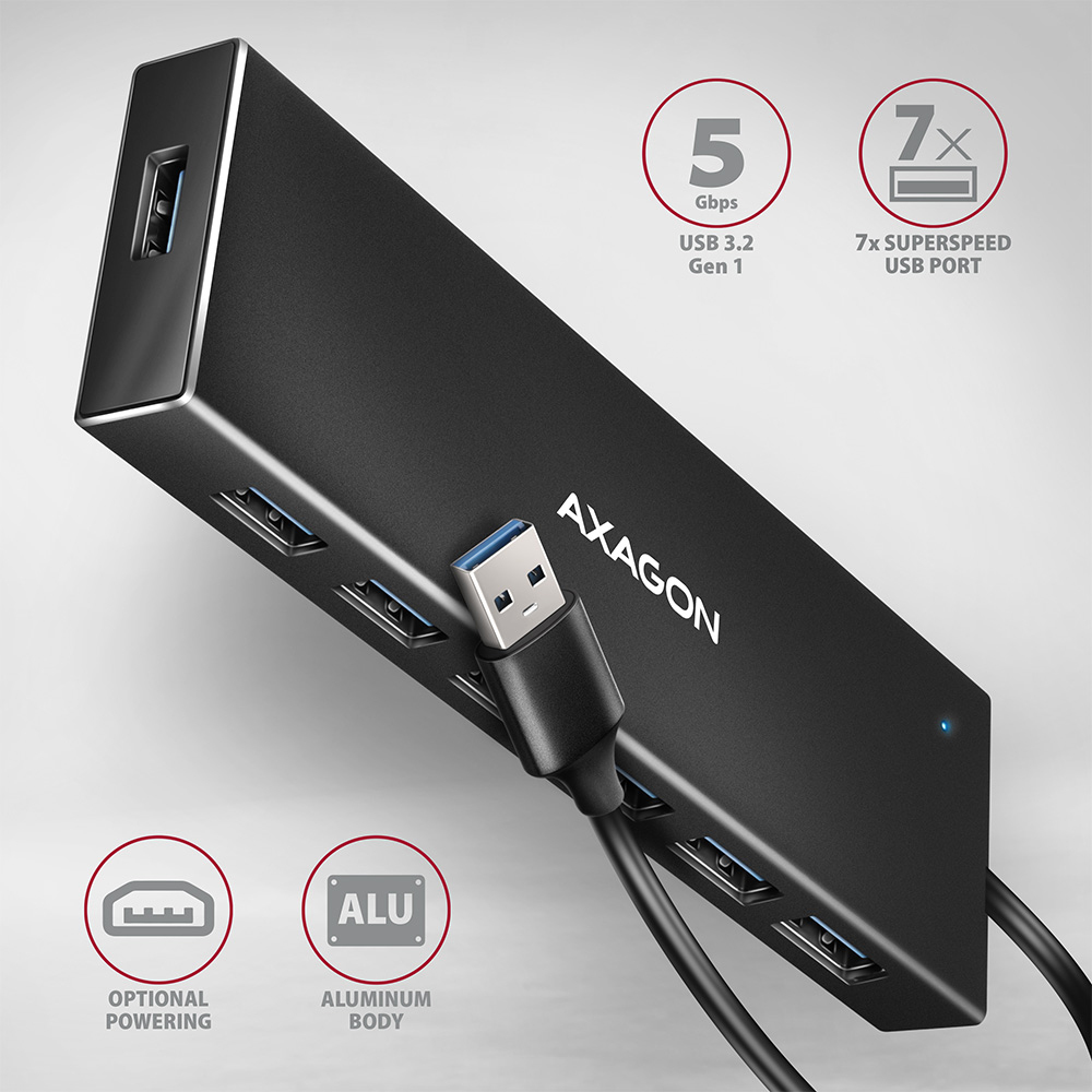 Picture of Picture of HUB USB AXAGON HUE-F7A 7x USB 3.2 Gen 1 ALU FLAT, micro USB power IN