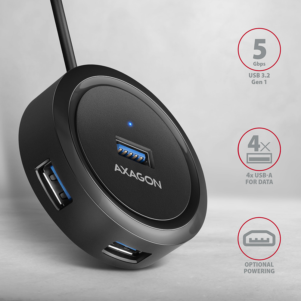 Picture of Picture of HUB USB-C AXAGON HUE-P1C 4x USB 3.2 Gen 1 ROUND, micro USB power IN