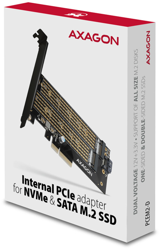 AXAGON - Adaptador AXAGON PCEM2-D PCIe-3.0, 1x M.2-NVMe, 1x M.2-SATA con refrigerador pasivo