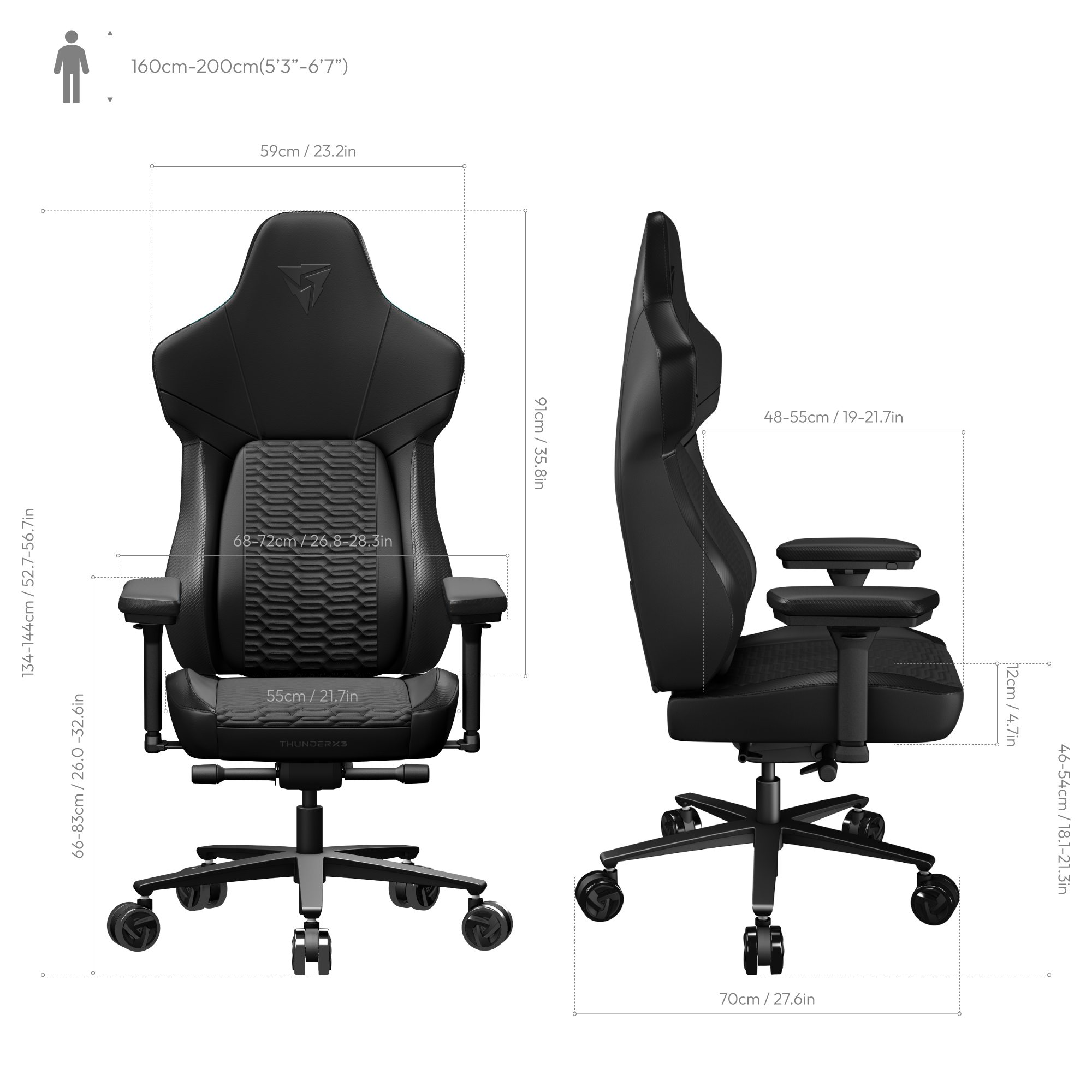 ThunderX3 - Silla Gaming ThunderX3 Core, Apoio lombar 360 graus - Racer Black