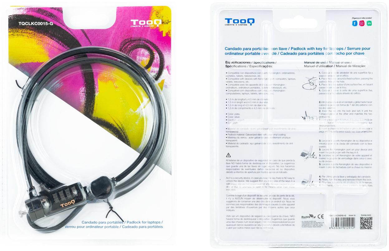 Tooq - Cable de Seguridad para Portátil con Combinación 1,5 M Gris Oscuro