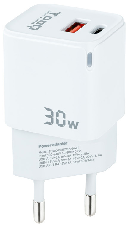 Picture of Picture of Cargador GaN Tooq USB-C/PD 30W + USB-A/QC 30W