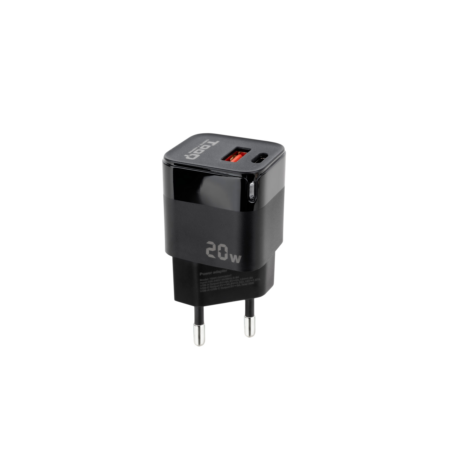 Tooq - Cargador Tooq USB-C/PD 20W + USB-A/QC 20W Negro