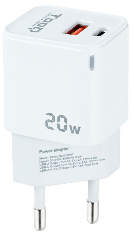 Tooq - Cargador Tooq USB-C/PD 20W + USB-A/QC 20W