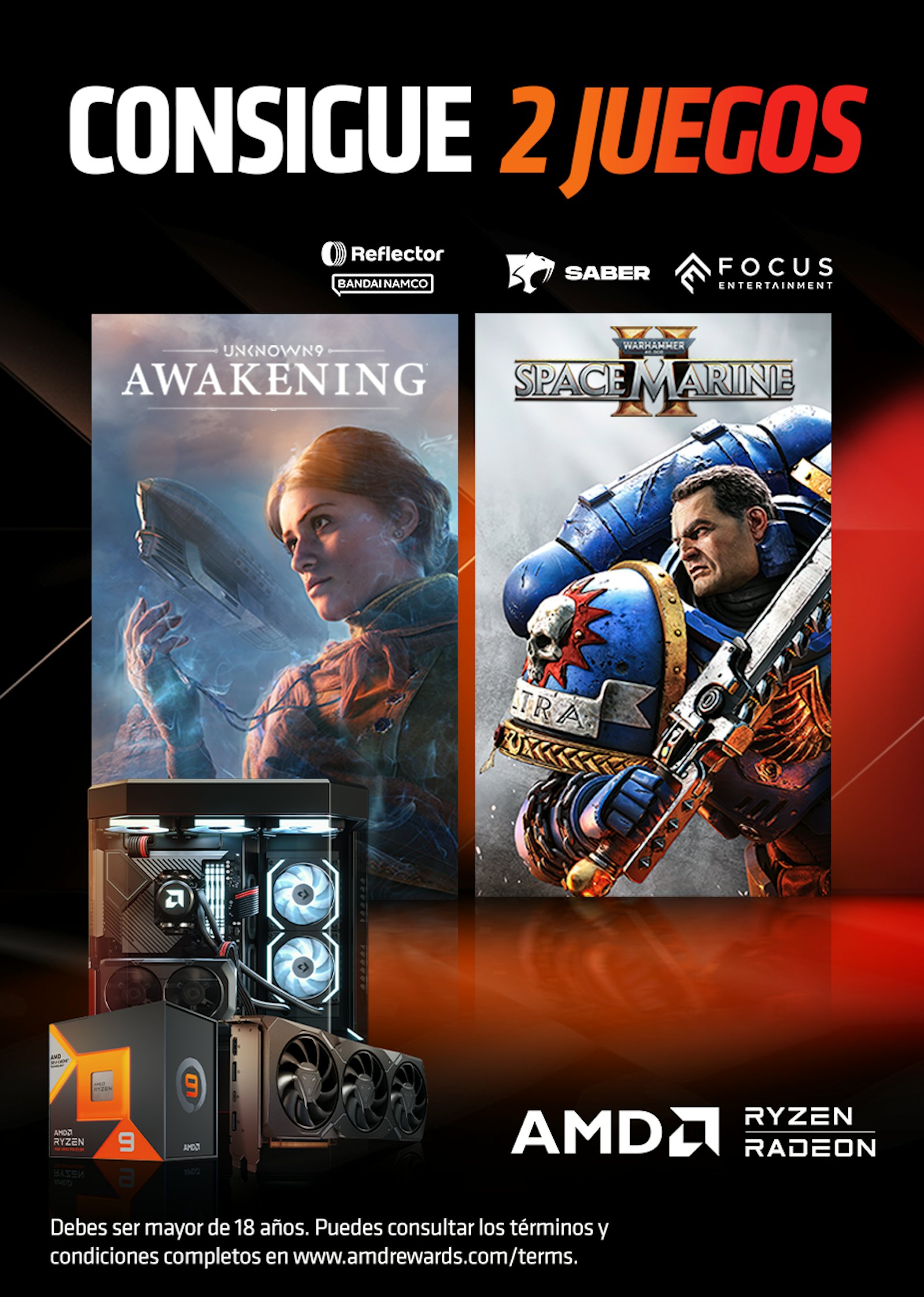 Consigue 2 juegos con la compra de una selección de procesadores AMD Ryzen™, tarjetas gráficas de la serie AMD Radeon™ RX o sistemas configurados con AMD