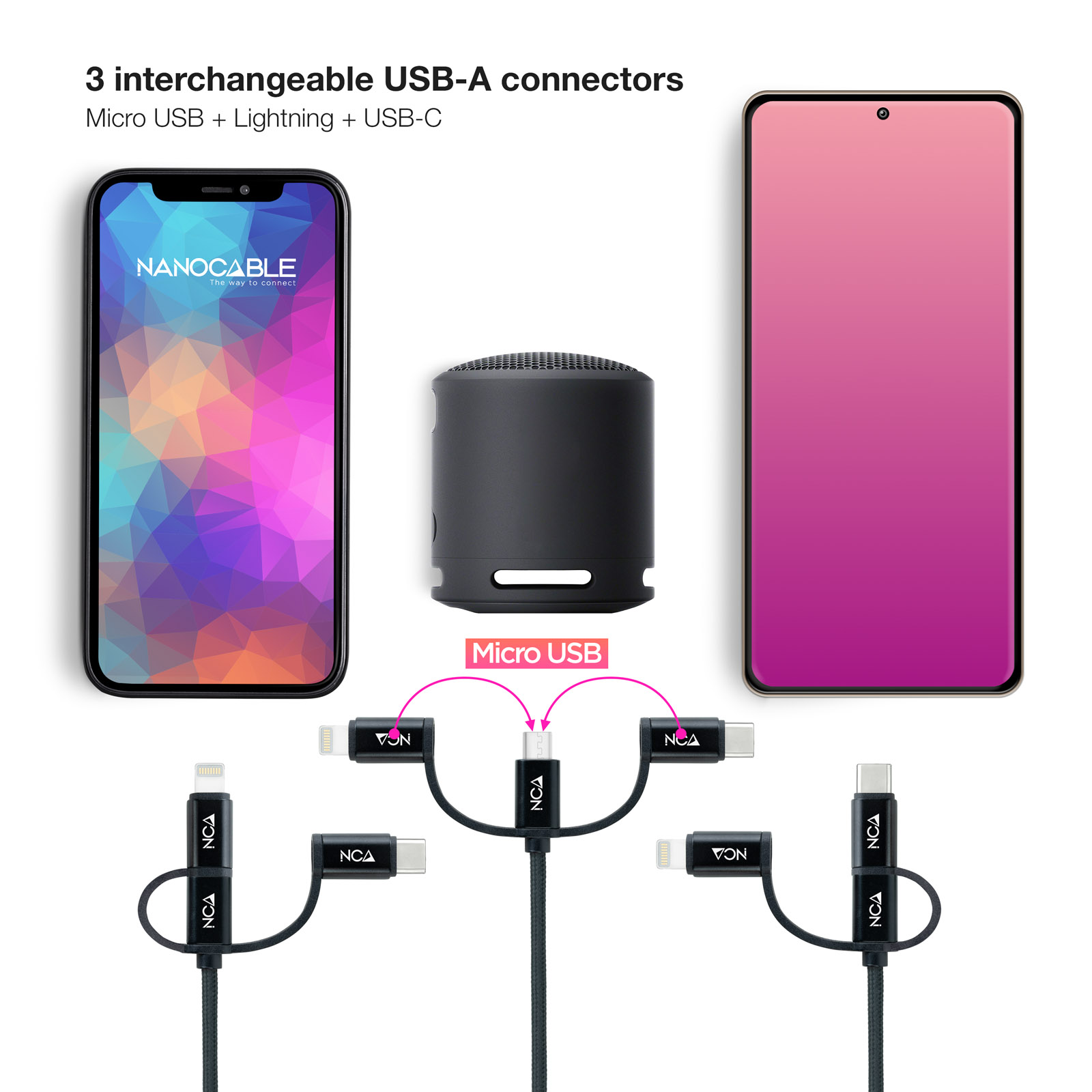 Nanocable - Cable USB 3 em 1 Nanocable USB-A para 1x USB-C + 1x Micro-USB + 1x Lightning 1 M Negro