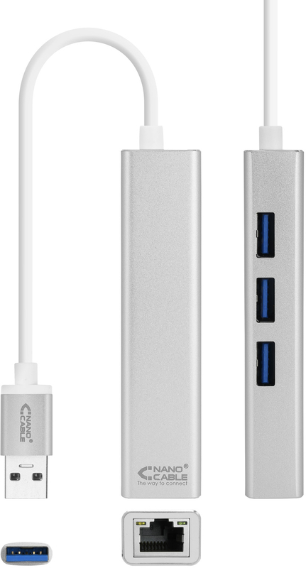 Nanocable - Adaptador Gigabit NanoCable USB 3.0 a Ethernet Gigabit 10/100/1000 Mbps / 3x USB 3.0 15 CM Plata