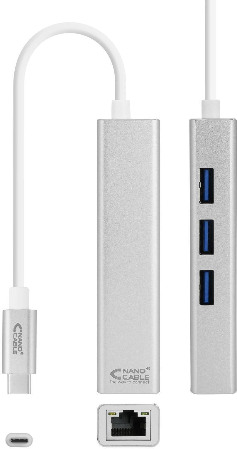 Nanocable - ** B Grade ** Adaptador Gigabit Nanocable USB-C a Ethernet Gigabit 10/100/1000 Mbps / 3x USB 3.0 15 CM Plateado