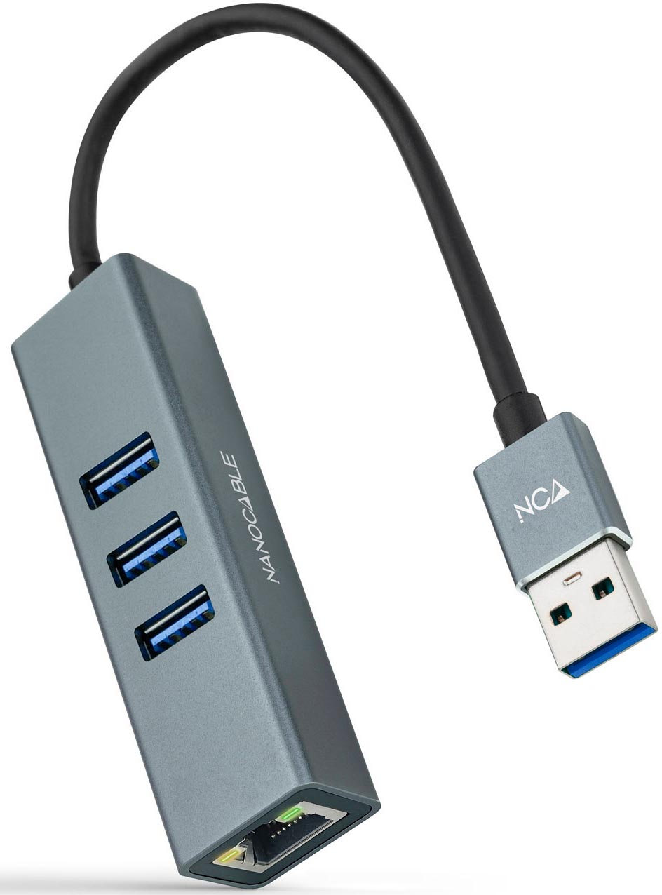 Nanocable - Adaptador Gigabit NanoCable USB 3.0 a Ethernet Gigabit 10/100/1000 Mbps / 3x USB 3.0 15 CM Gris