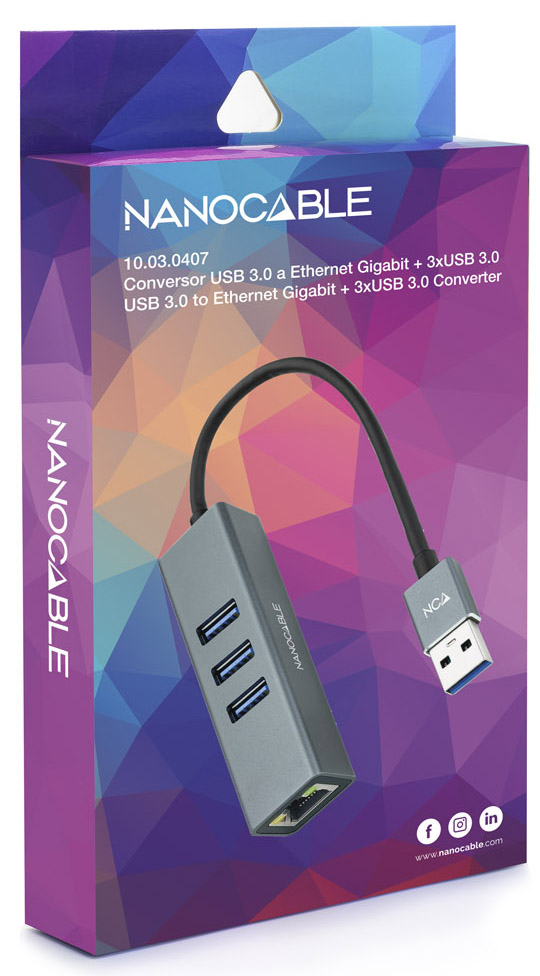 Nanocable - Adaptador Gigabit NanoCable USB 3.0 a Ethernet Gigabit 10/100/1000 Mbps / 3x USB 3.0 15 CM Gris