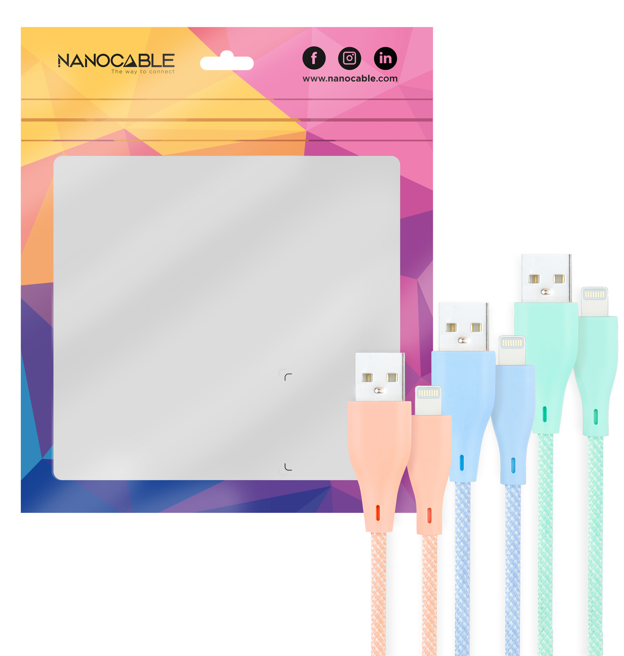 Nanocable - Cabos Lightning Nanocable Lightning para USB A/M Coiled 1M (Pack 3 - Rosa, Azul y Verde)