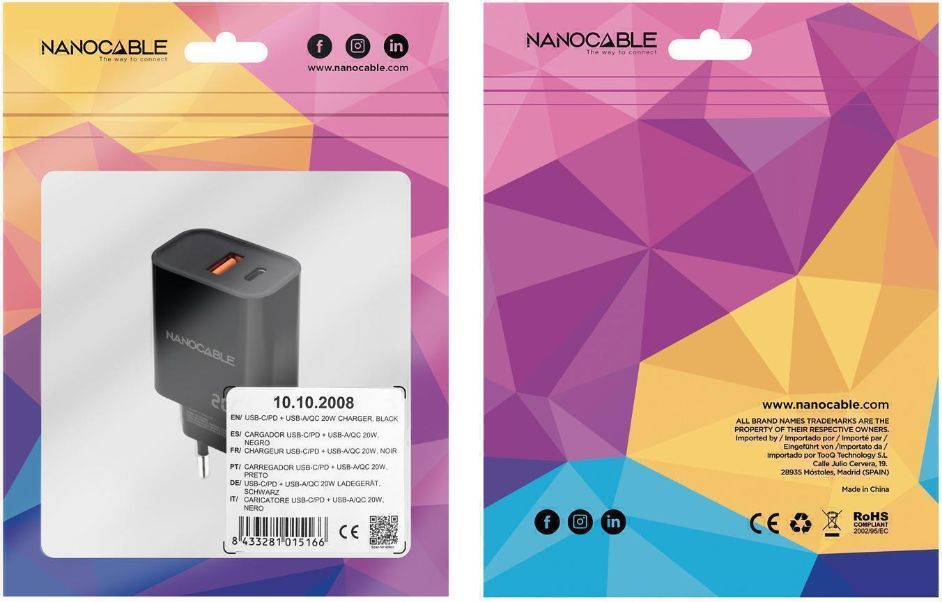 Nanocable - Cargador Nanocable USB-C/PD + USB-A/QC 20W Negro