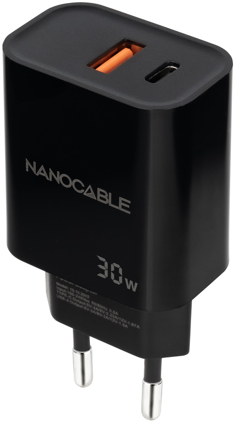 Nanocable - Cargador Nanocable USB-C/PD + USB-A/QC 30W Negro