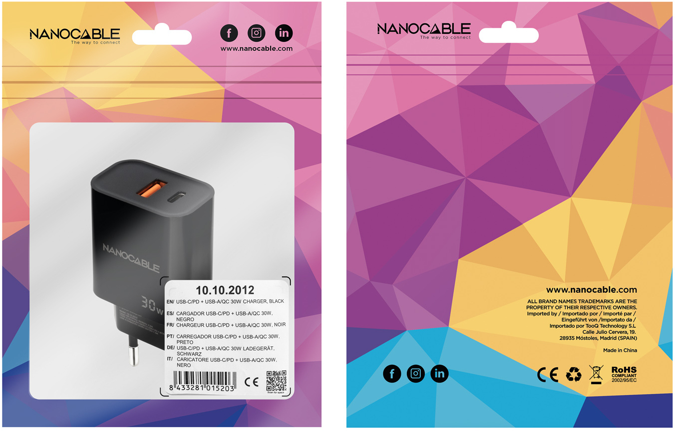 Nanocable - Cargador Nanocable USB-C/PD + USB-A/QC 30W Negro