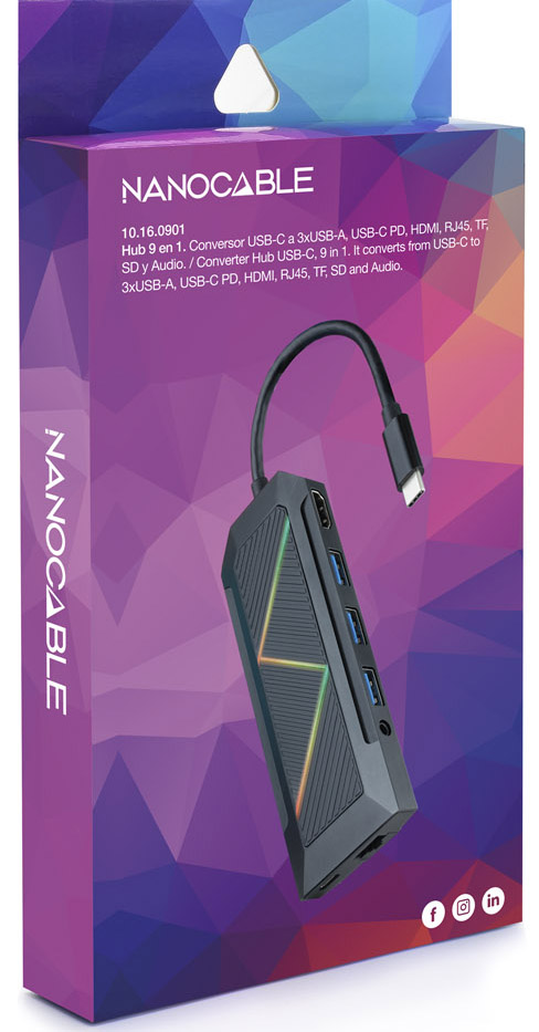 Nanocable - Hub USB-C NanoCable 3x USB-A / USB-C PD 3.0 (100W) / HDMI / RJ45 / TF / SD / Audio