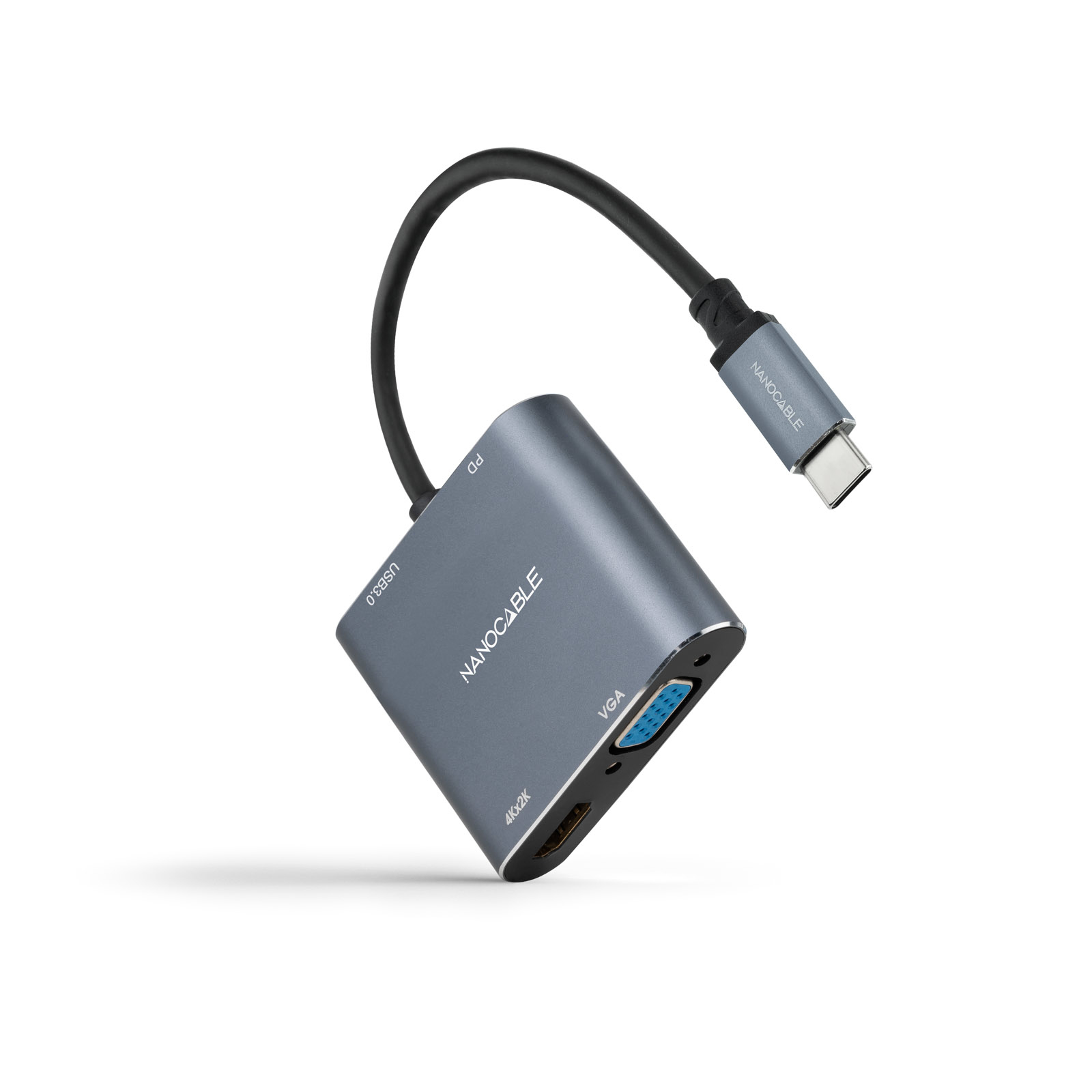 Adaptador Nanocable USB-C > HDMI + VGA + USB3.0 + USB-C (PD 60W) 15CM Gris Compatible con Thunderbolt 3