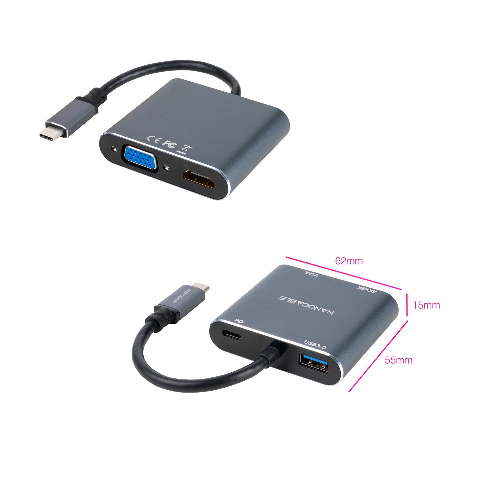 Nanocable - Adaptador Nanocable USB-C > HDMI + VGA + USB3.0 + USB-C (PD 60W) 15CM Gris Compatible con Thunderbolt 3
