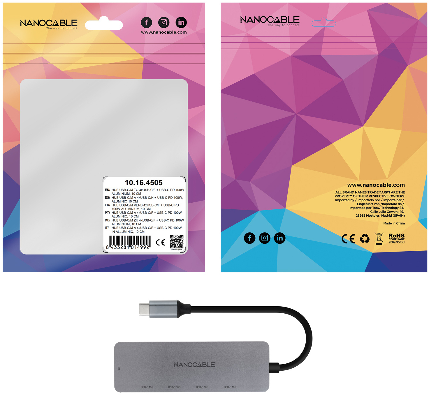 Nanocable - Hub Nanocable USB-C > 4xUSB-C + USB-C PD 100W 10 CM Gris