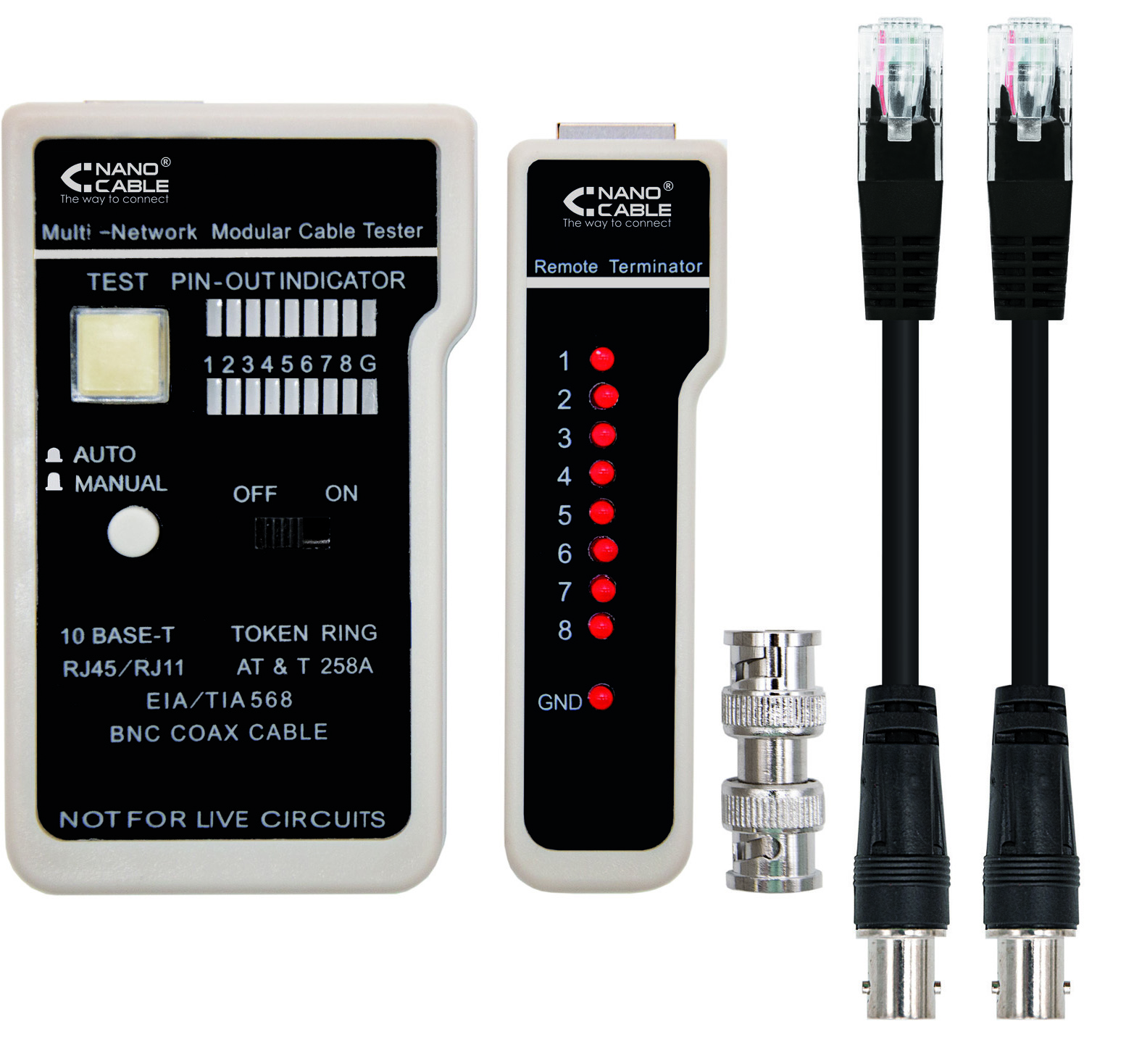 Nanocable - Testador de Cabos NanoCable RJ11/RJ12/RJ45/Coaxial