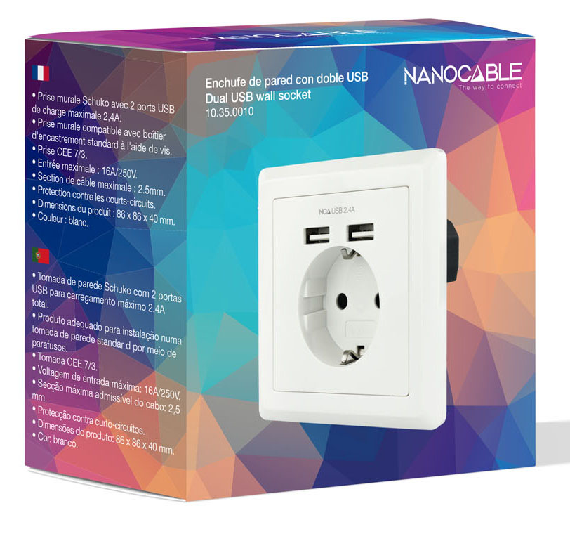 Nanocable - Tomas de PaRed NanoCable Schuko c/ 2x USB-A (2.4A) Blanco