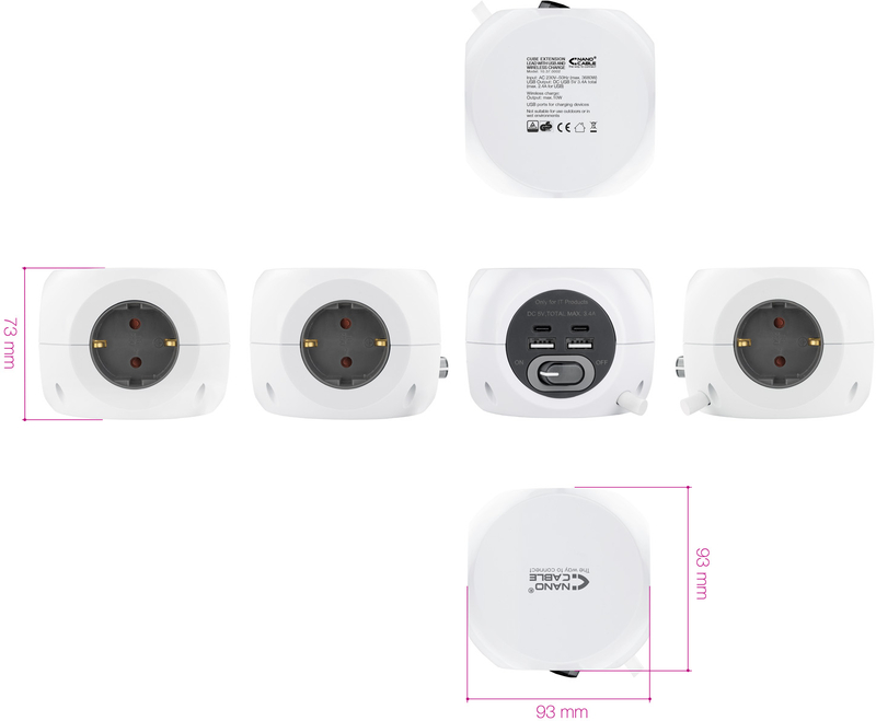 Nanocable - Base de 3 Tomas com 4 USB's (2 USB A / 2 USB-C) c/ interruptor