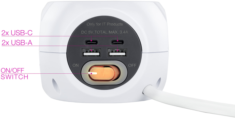 Nanocable - Tomas de 3 sockets com 4 USB's (2 USB A / 2 USB-C) s/ fios, c/ interruptor