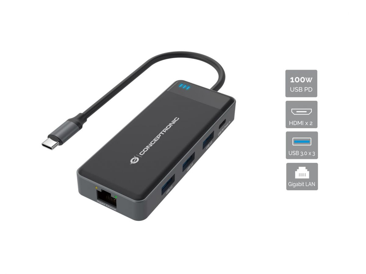 Conceptronic - HUB USB Conceptronic 7-in-1 USB-C 3.2 > 3x USB-A 3.0 + 2x HDMI + Gigabit + USB-C (PD100W)