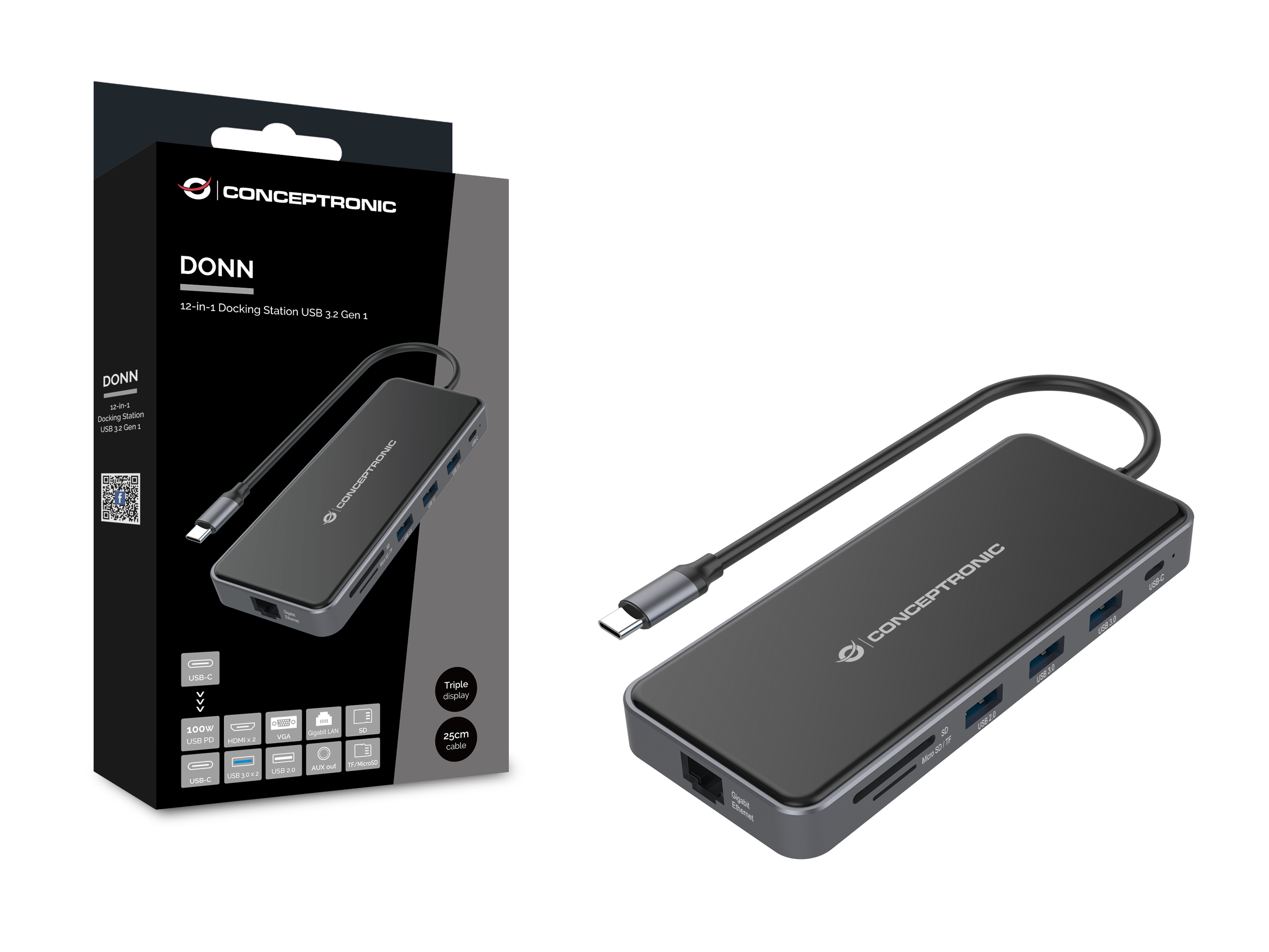 Conceptronic - HUB USB 12 en 1 USB-C 3.2 > 3x USB-A 3.0 + 2x HDMI + VGA + USB 2.0 + Gigabit + USB-C (PD100W) + Lector de Tarjetas + Audio