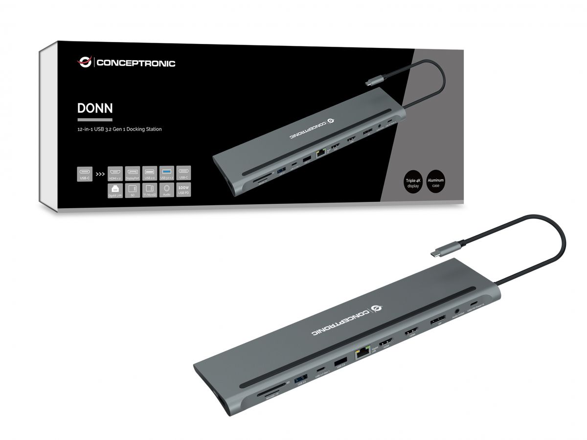 Conceptronic - HUB USB Conceptronic 12-in-1 USB-C 3.2 > 2x USB3.0 + USB 2.0 + DP 4K + HDMI + Gigabit + Lt.Cartões + USB-C (PD100W) + USB-C + Áudio