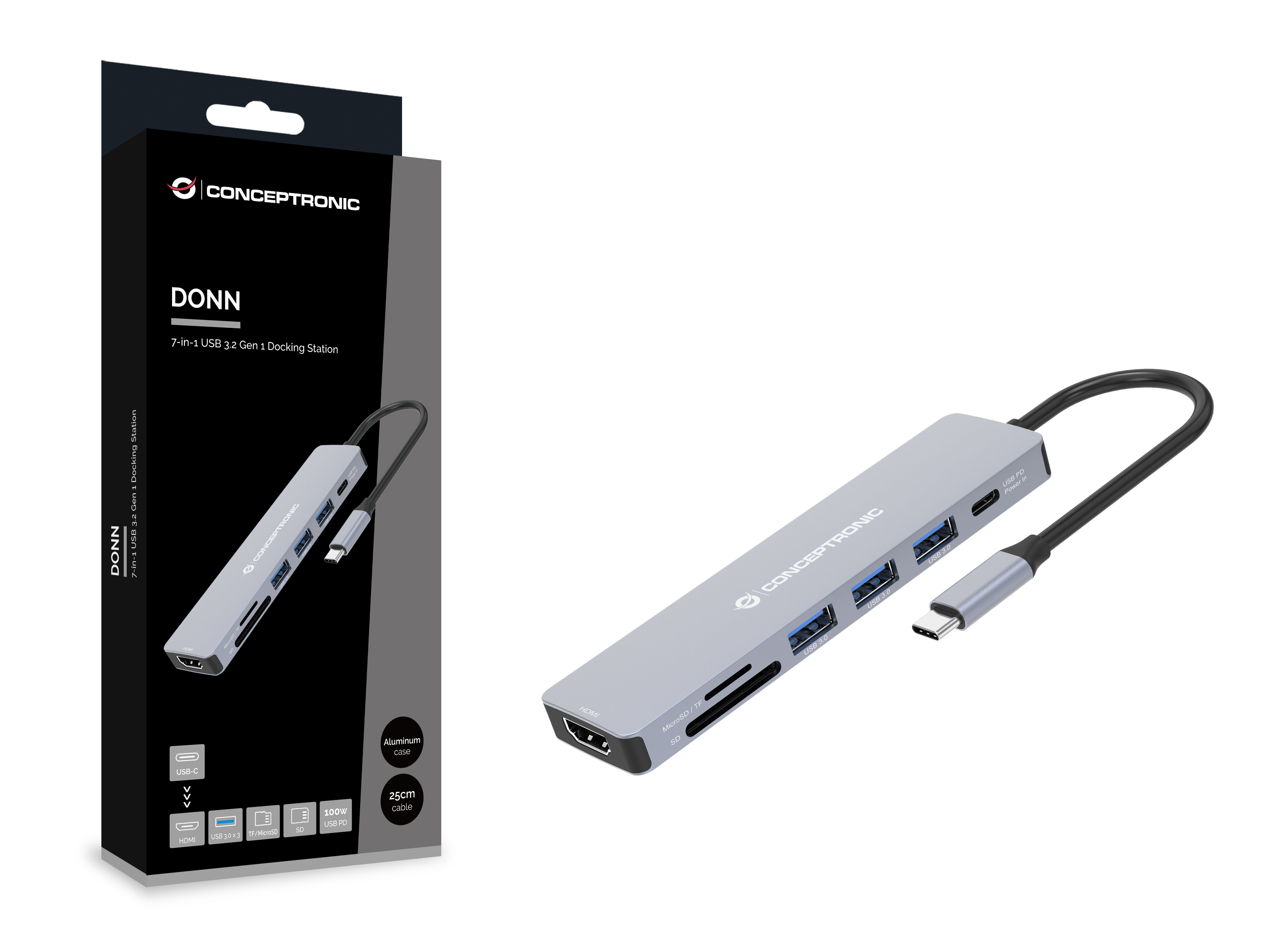 Conceptronic - Conceptronic HUB USB 7 en 1 USB-C 3.2 > 3x USB-A 3.0 + HDMI + USB 3.2 PD (100W) + Lector de Tarjetas