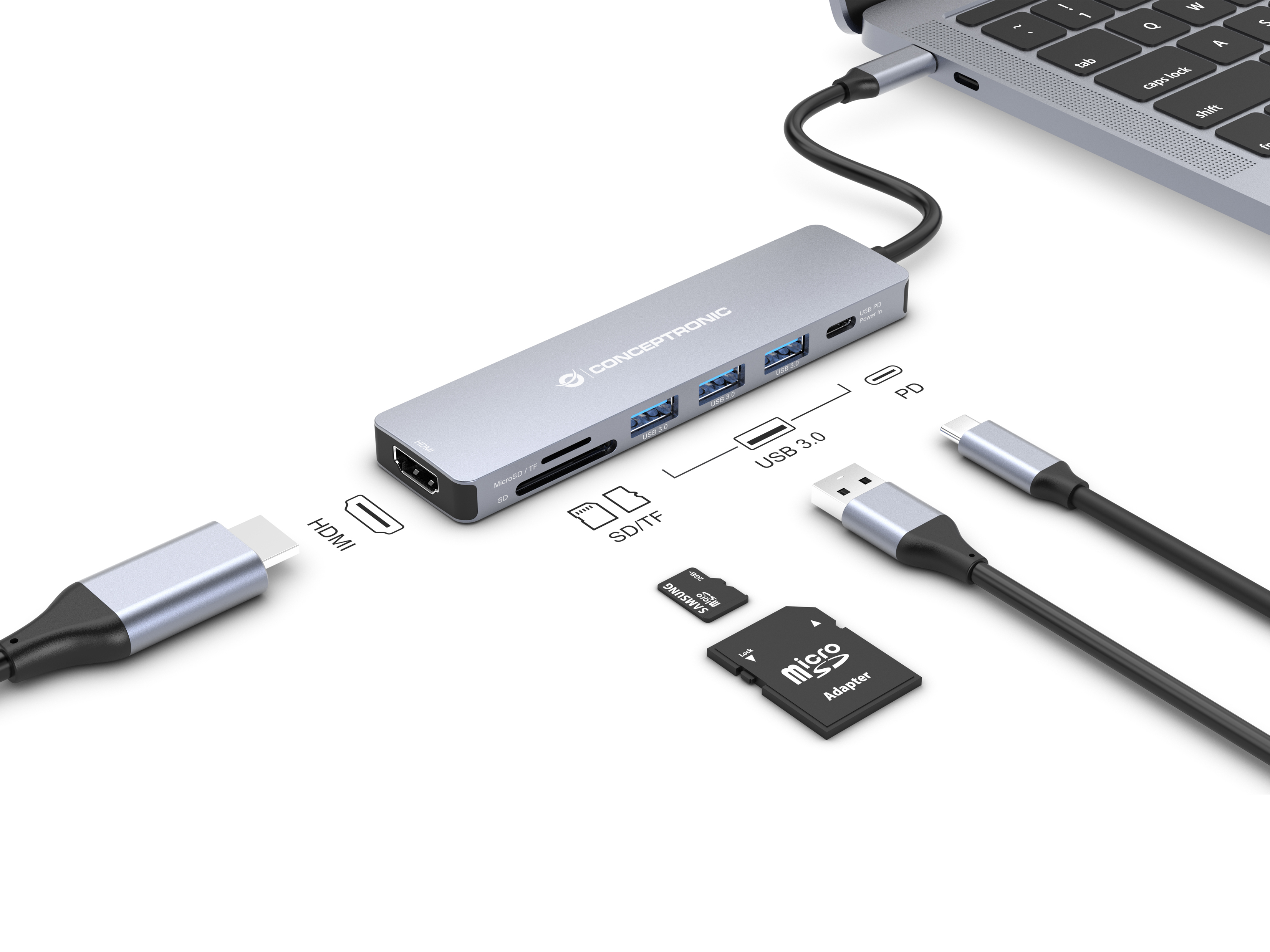 Conceptronic - Conceptronic HUB USB 7 en 1 USB-C 3.2 > 3x USB-A 3.0 + HDMI + USB 3.2 PD (100W) + Lector de Tarjetas